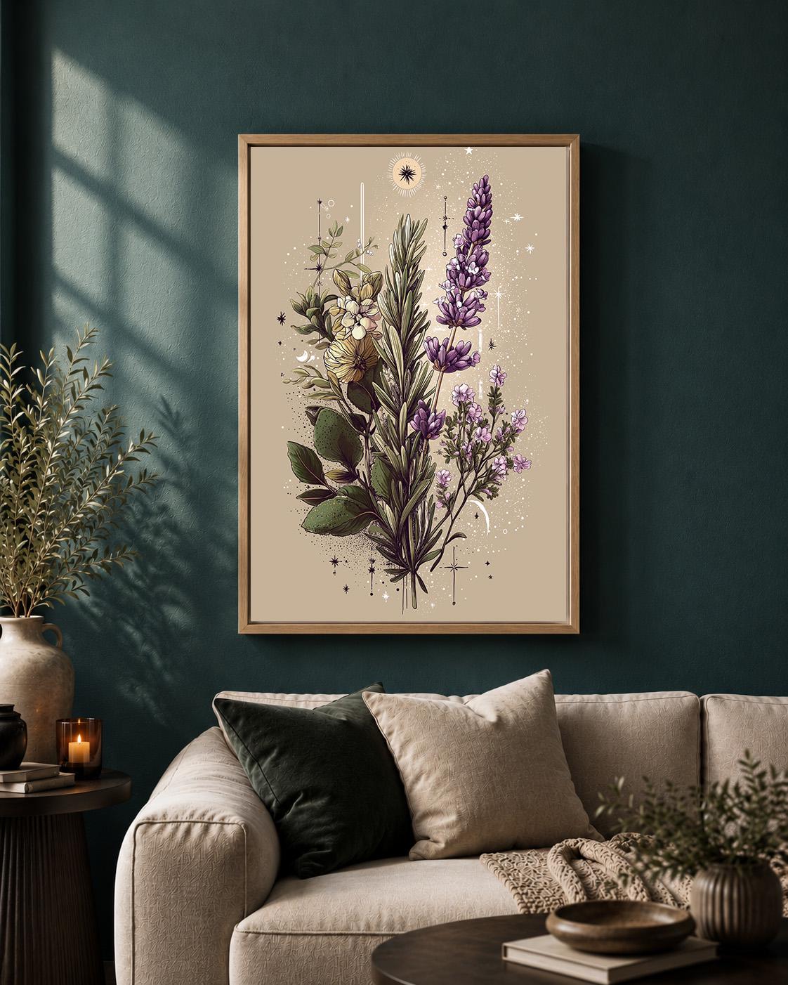 Celestial Botanical Mystic Herb Illustration Framed Canvas by The Wall Art Studio