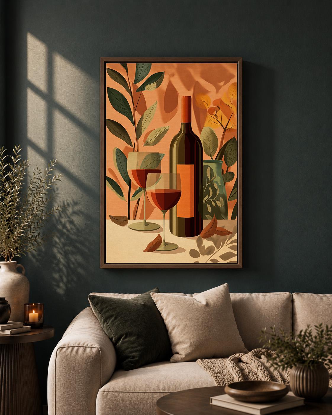 Autumn Wine Bottle Rustic Vineyard Floral Framed Canvas by The Wall Art Studio