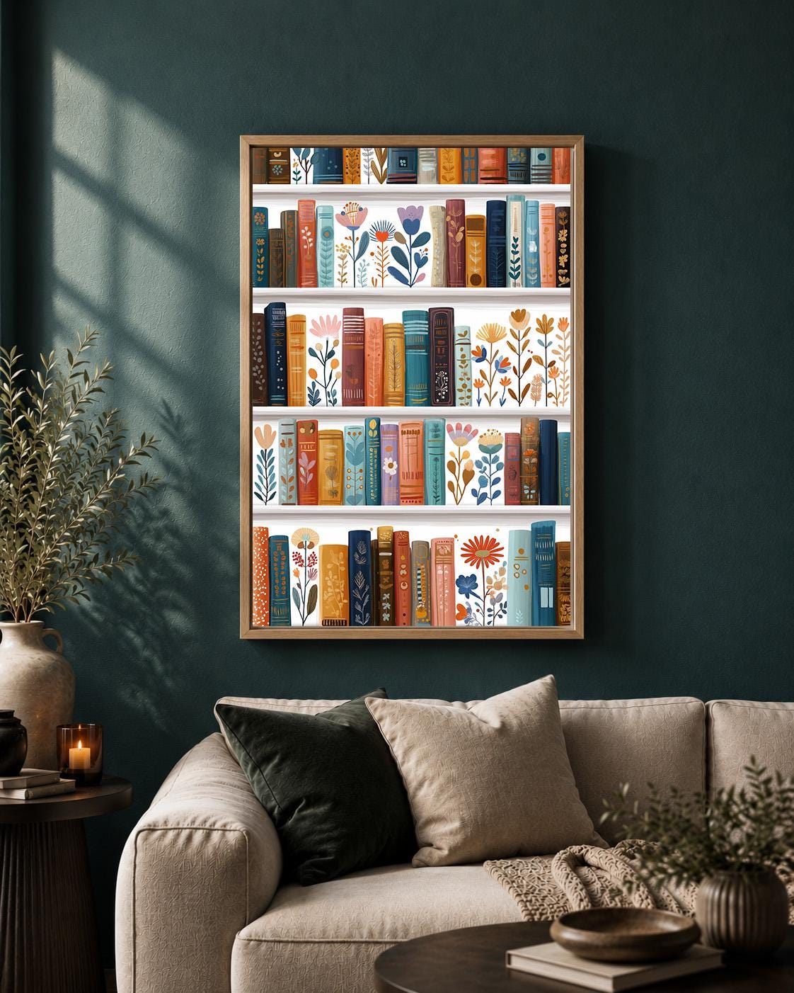 Floral Bookshelf Colorful Botanical Book Lover Reading Room Framed Canvas by The Wall Art Studio