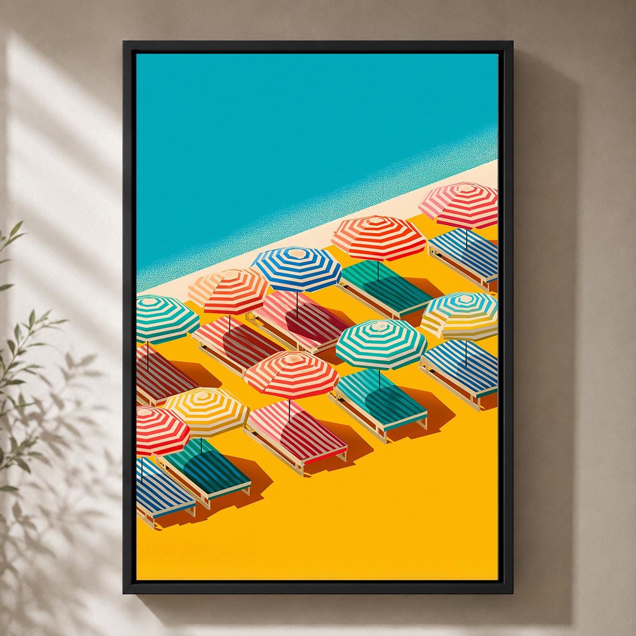 Colorful Beach Striped Umbrellas Summer Coastal Framed Canvas by The Wall Art Studio