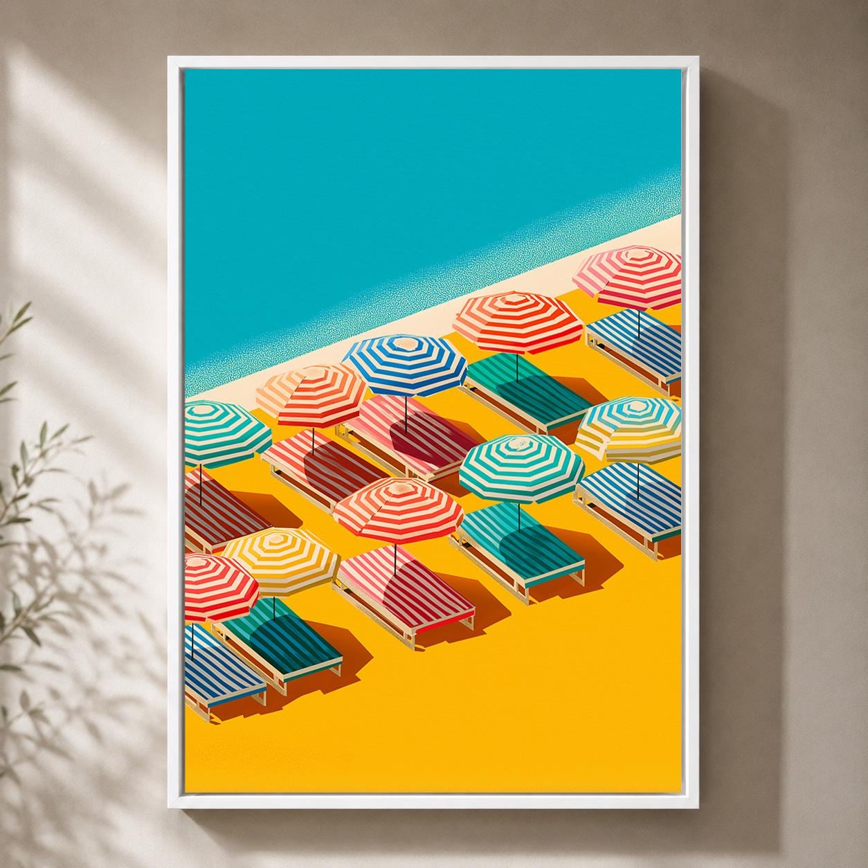 Colorful Beach Striped Umbrellas Summer Coastal Framed Canvas by The Wall Art Studio