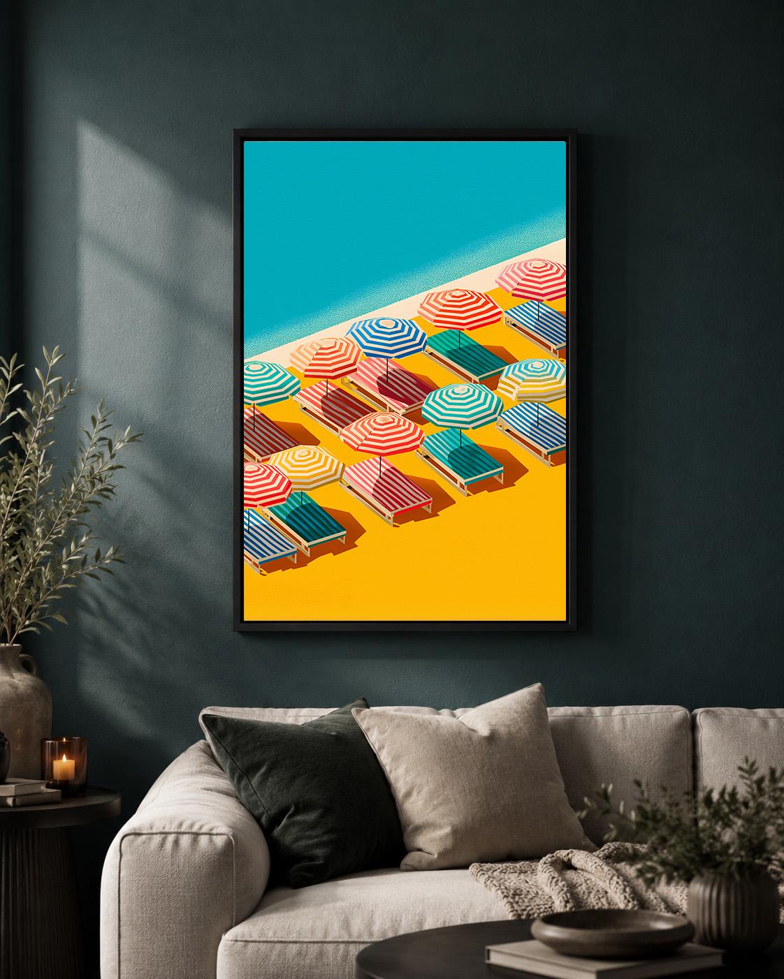 Colorful Beach Striped Umbrellas Summer Coastal Framed Canvas by The Wall Art Studio