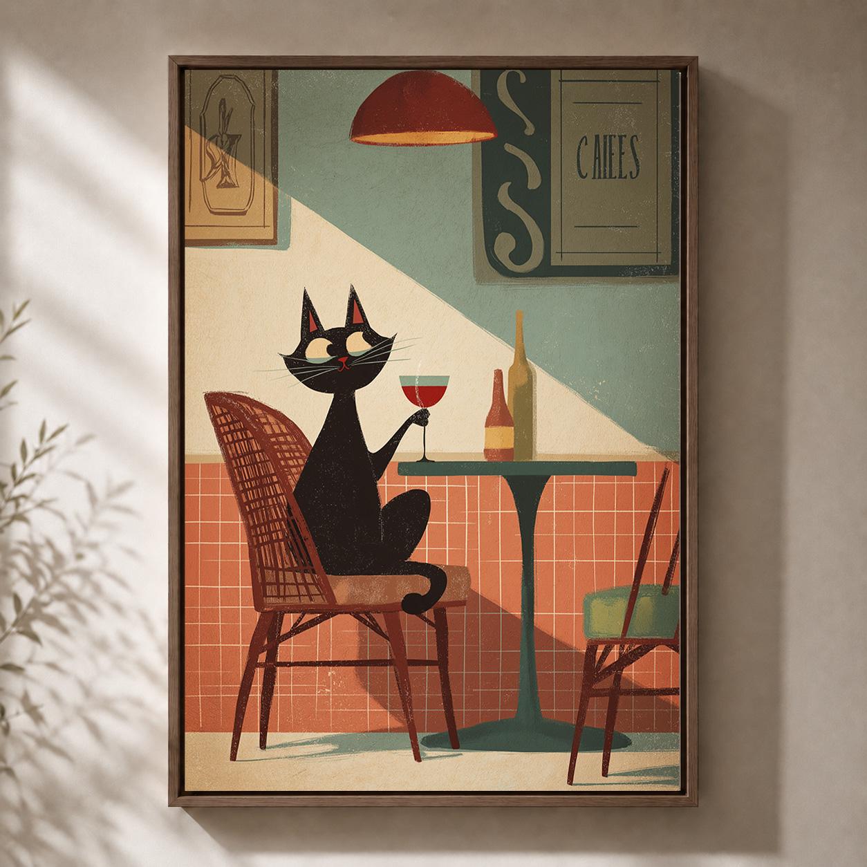 Black Cat Café Wine Lover Mid Century Framed Canvas by The Wall Art Studio