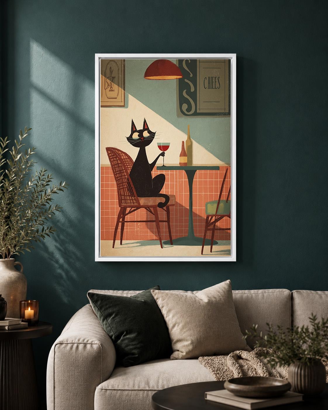 Black Cat Café Wine Lover Mid Century Framed Canvas by The Wall Art Studio