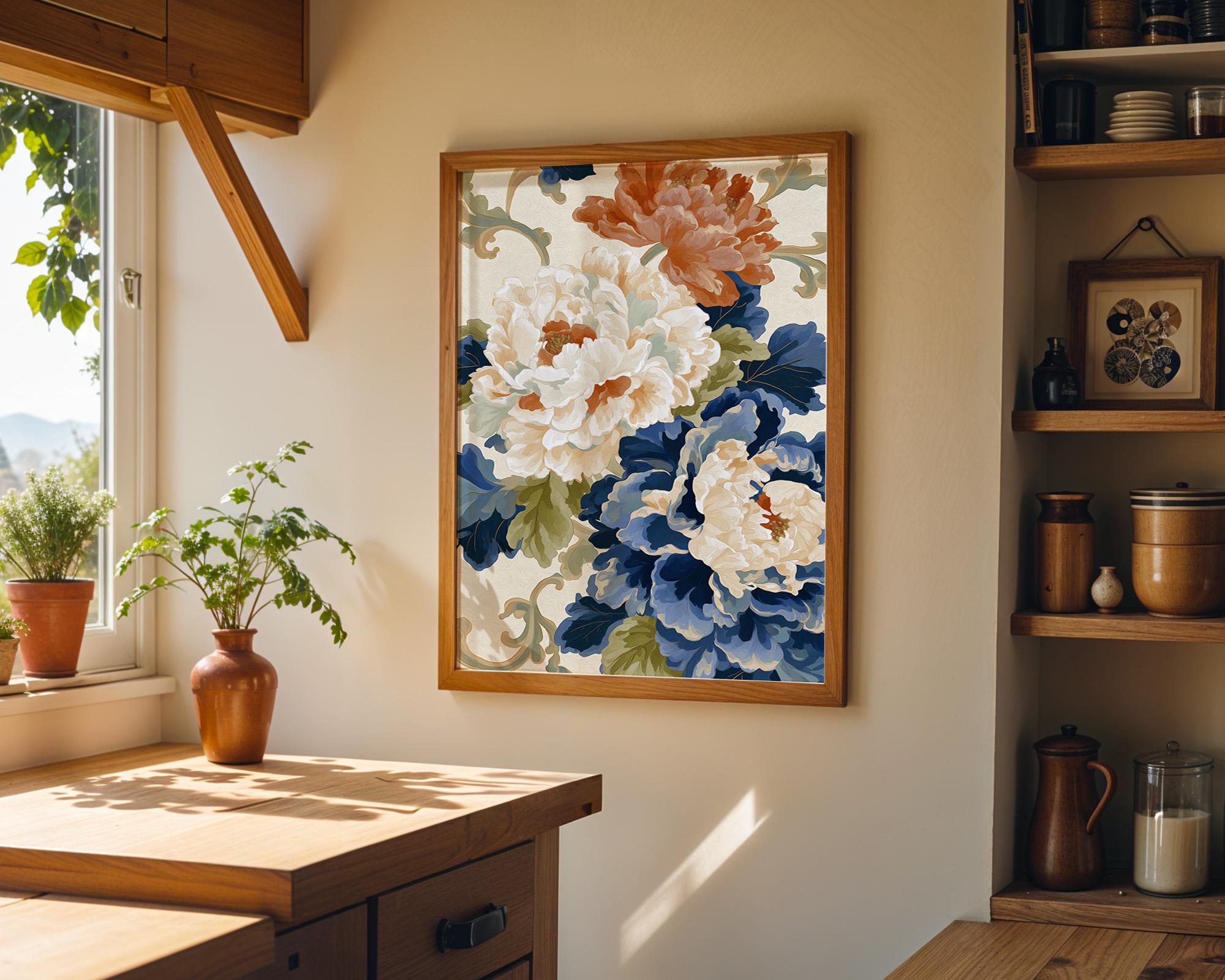 Blue & White Peony Wall Art, Vintage Floral Print, Elegant Botanical Poster, Cottagecore Flower Decor (Framed Option) KWC