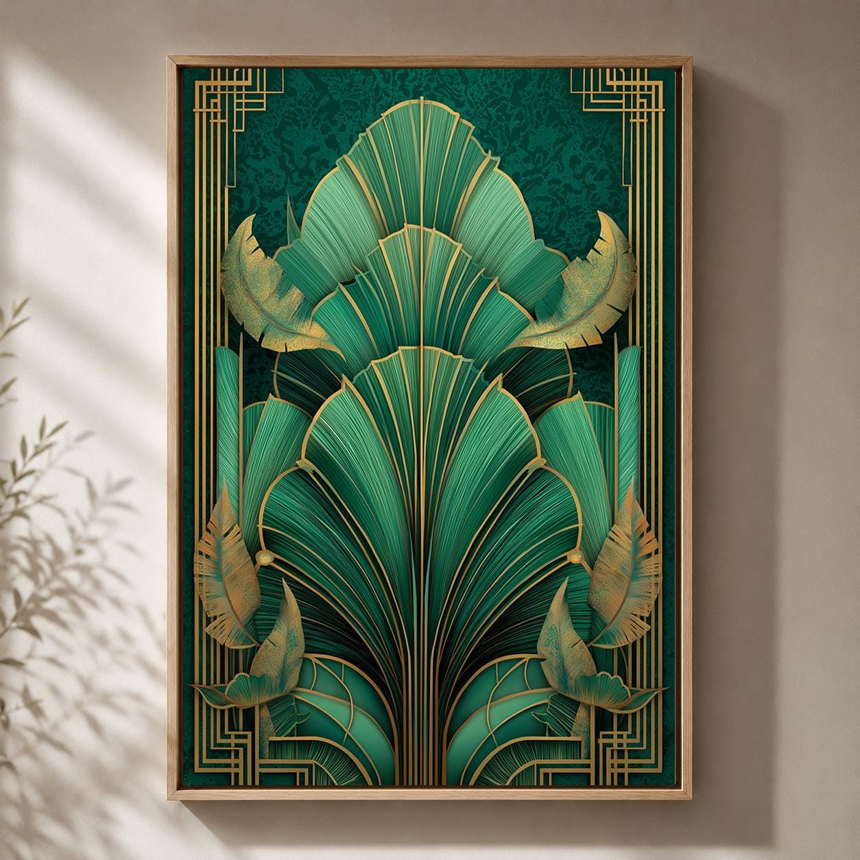 Green & Gold Art Deco Emerald Green Tropical Leaf Framed Canvas Print