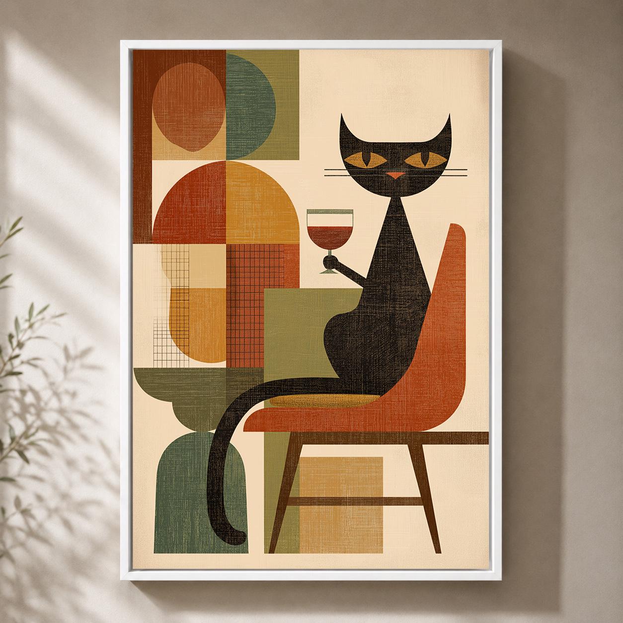 Mid Century Retro Cat Cat Wine Lover Framed Canvas by The Wall Art Studio