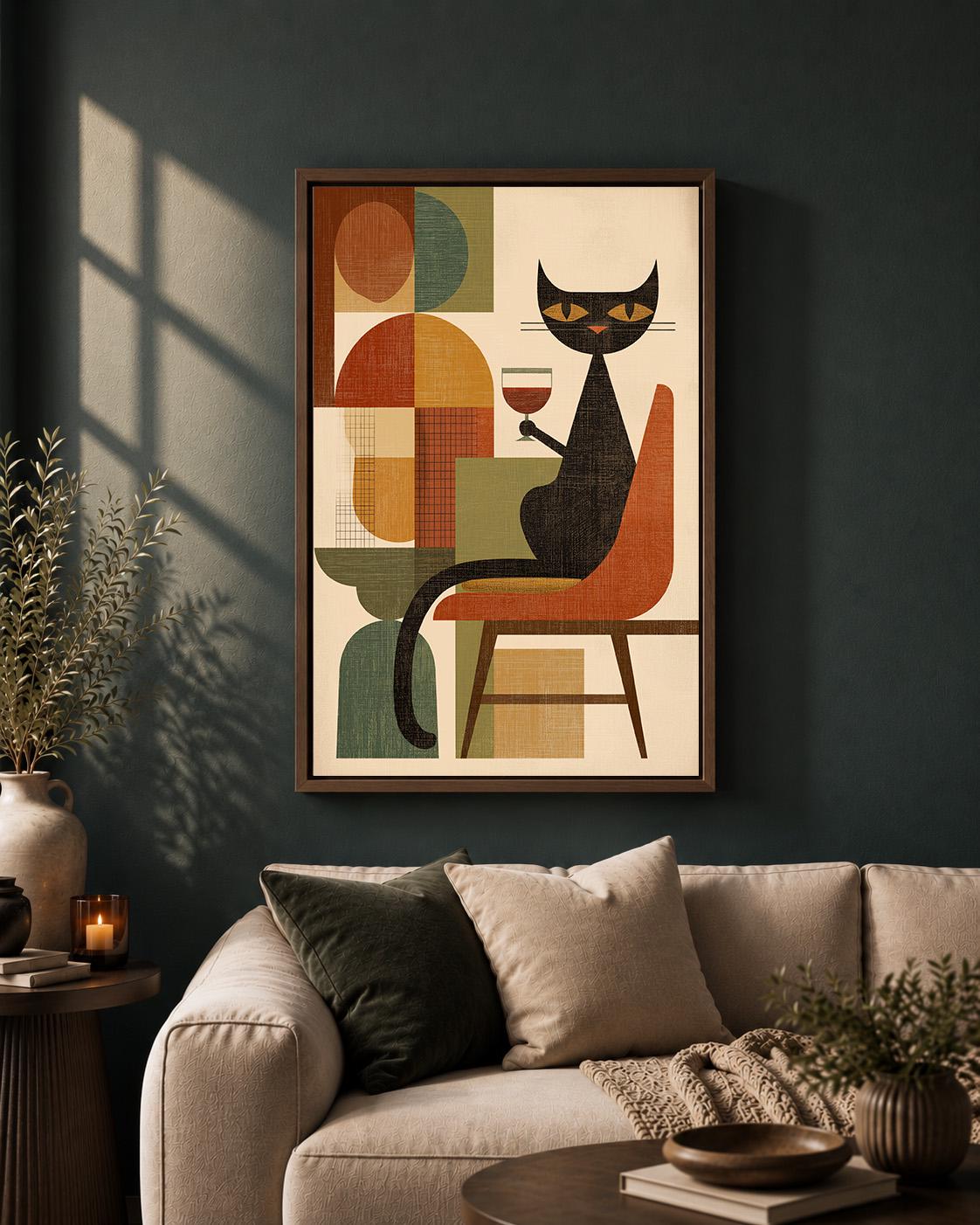 Mid Century Retro Cat Cat Wine Lover Framed Canvas by The Wall Art Studio