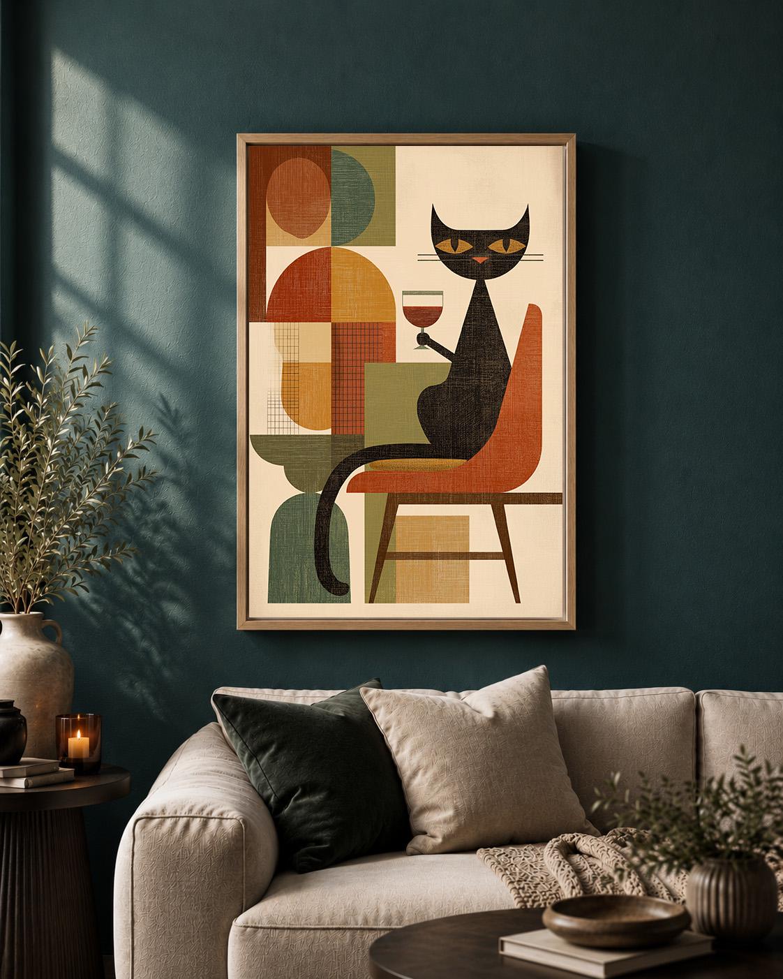 Mid Century Retro Cat Cat Wine Lover Framed Canvas by The Wall Art Studio