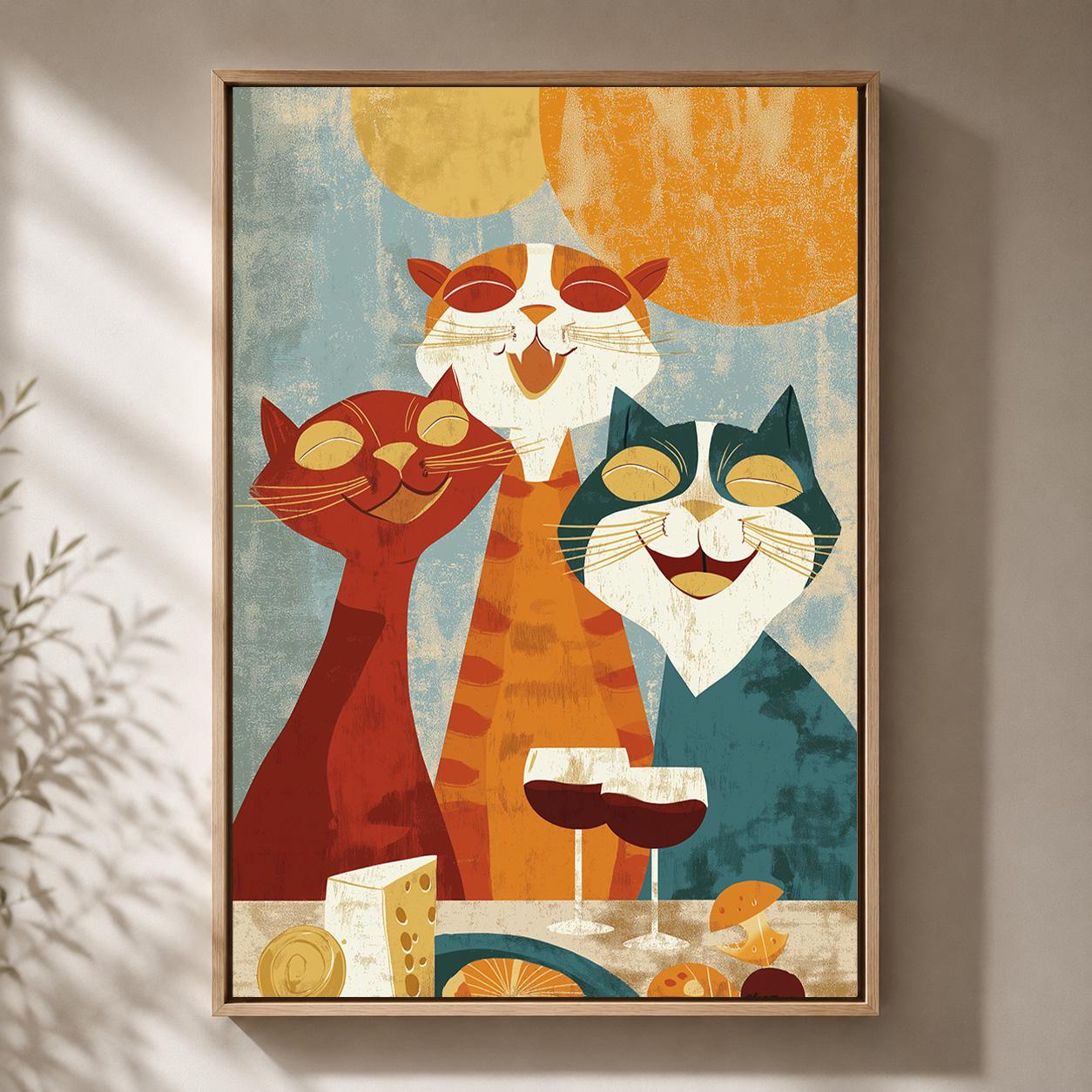 Retro Mid Century Cat Party Wine & Cheese Framed Canvas by The Wall Art Studio