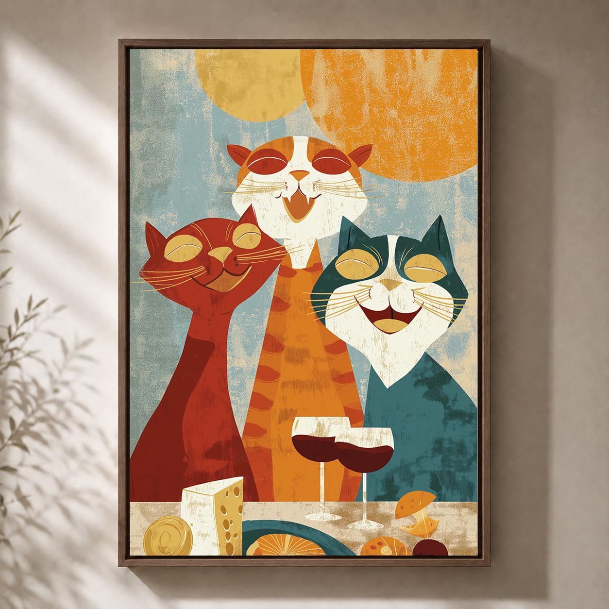 Retro Mid Century Cat Party Wine & Cheese Framed Canvas by The Wall Art Studio
