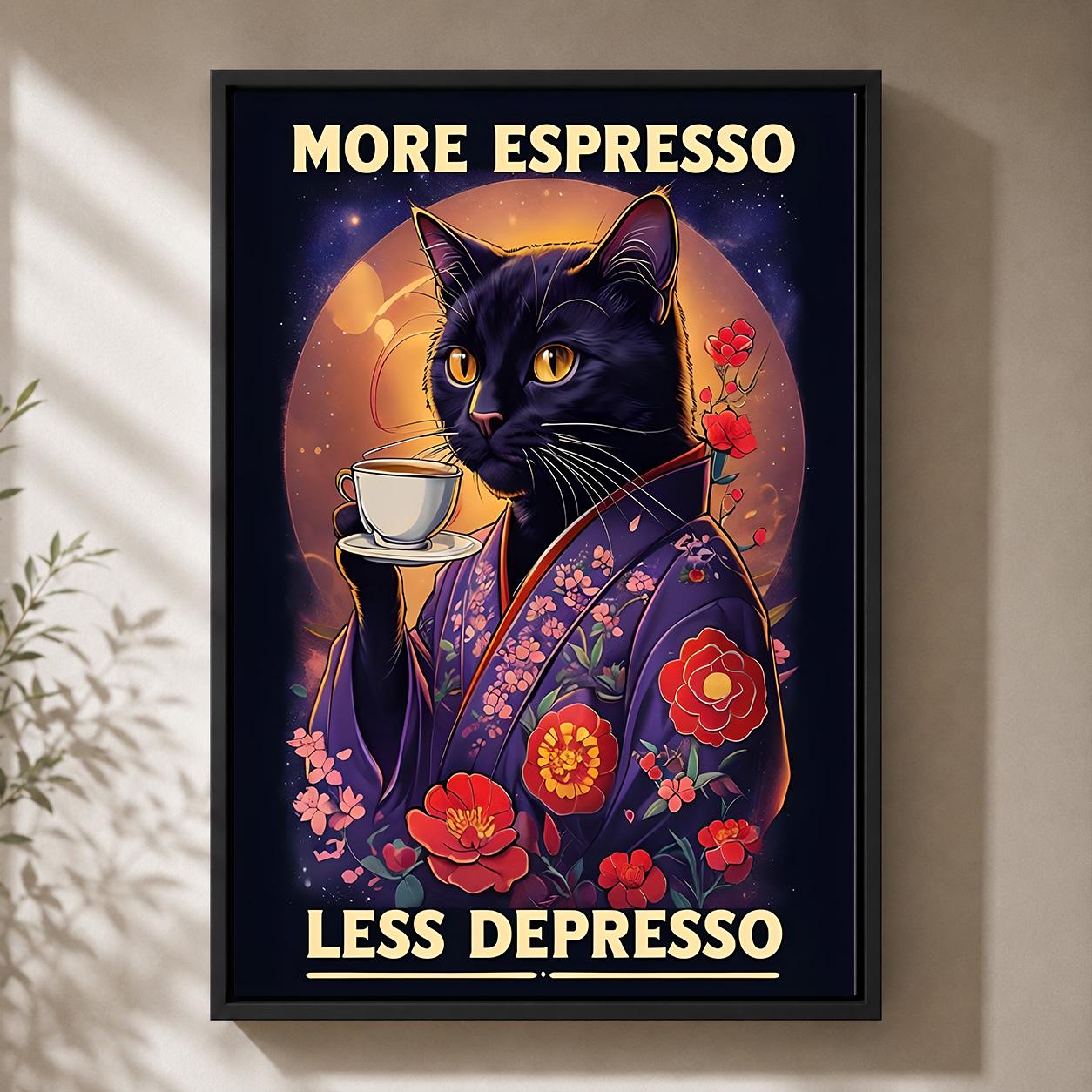 Black Cat Espresso Coffee Funny Kitchen Café Framed Canvas by The Wall Art Studio