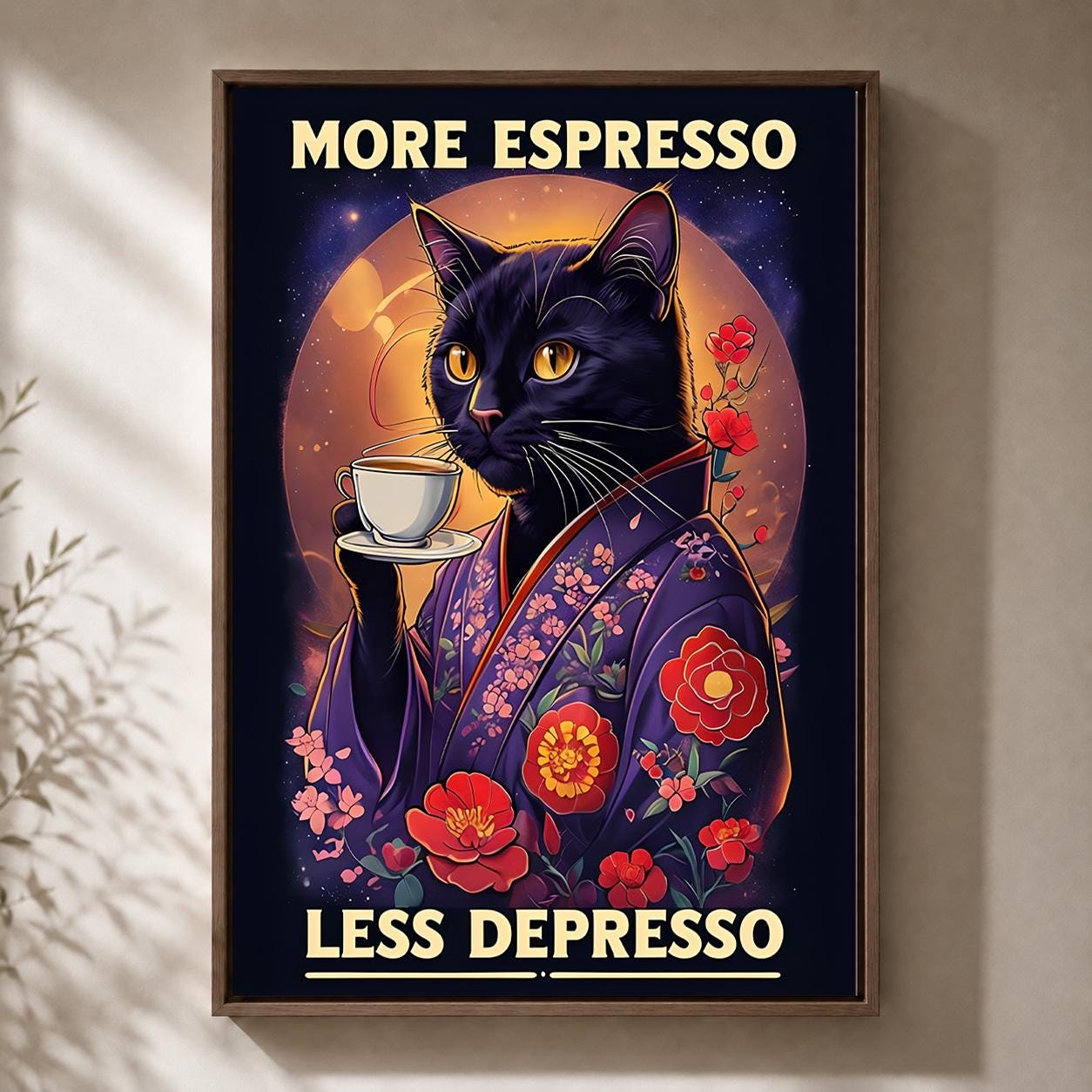 Black Cat Espresso Coffee Funny Kitchen Café Framed Canvas by The Wall Art Studio
