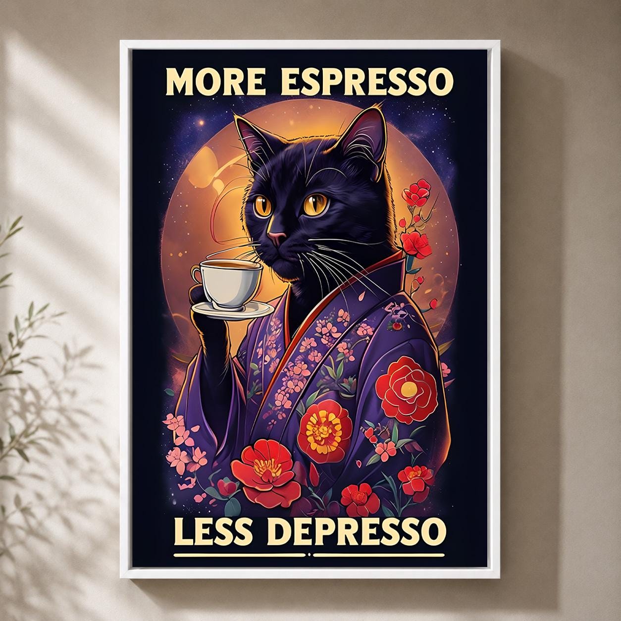 Black Cat Espresso Coffee Funny Kitchen Café Framed Canvas by The Wall Art Studio