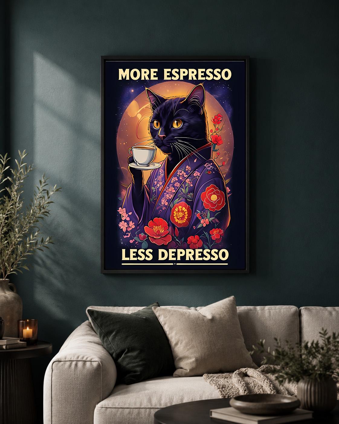 Black Cat Espresso Coffee Funny Kitchen Café Framed Canvas by The Wall Art Studio