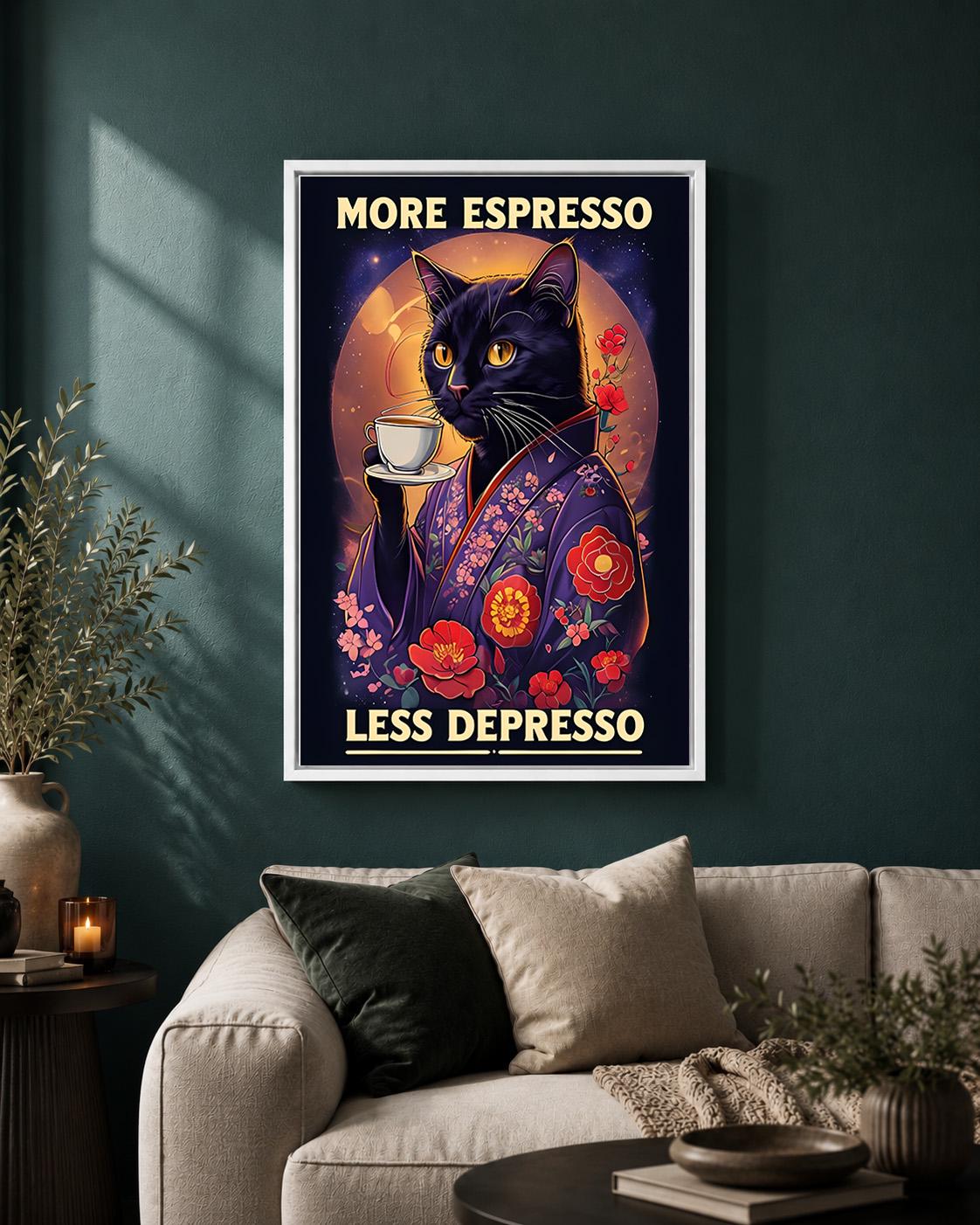 Black Cat Espresso Coffee Funny Kitchen Café Framed Canvas by The Wall Art Studio