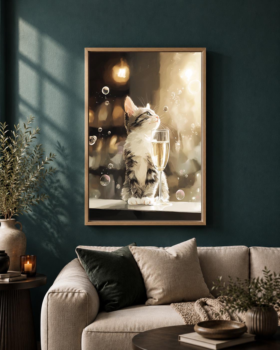 Champagne Cat Kitten Framed Canvas by The Wall Art Studio