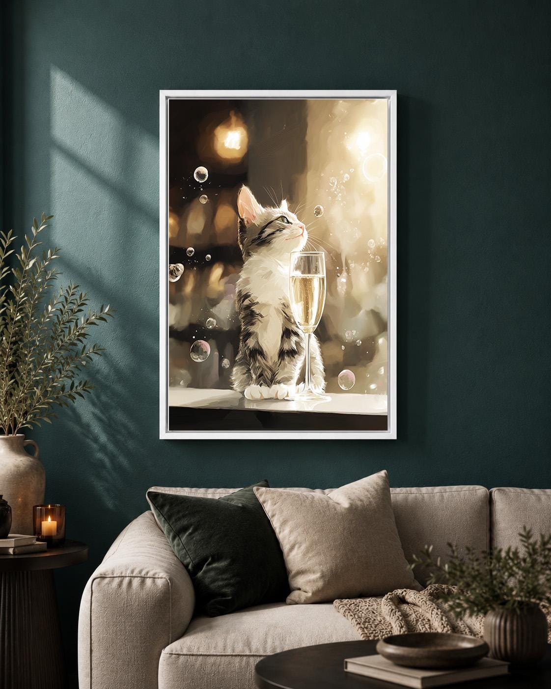 Champagne Cat Kitten Framed Canvas by The Wall Art Studio