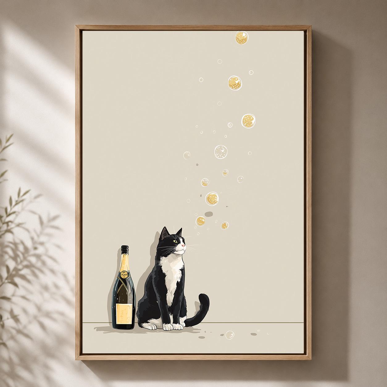 Minimalist Champagne Black & White Cat Framed Canvas by The Wall Art Studio