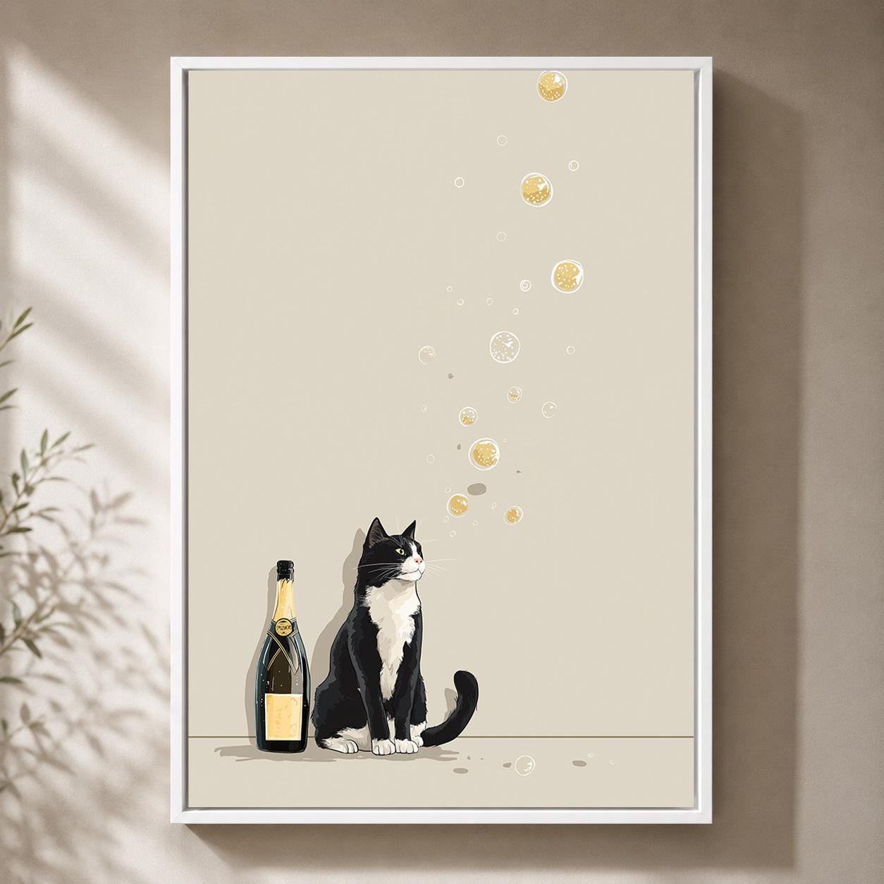 Minimalist Champagne Black & White Cat Framed Canvas by The Wall Art Studio