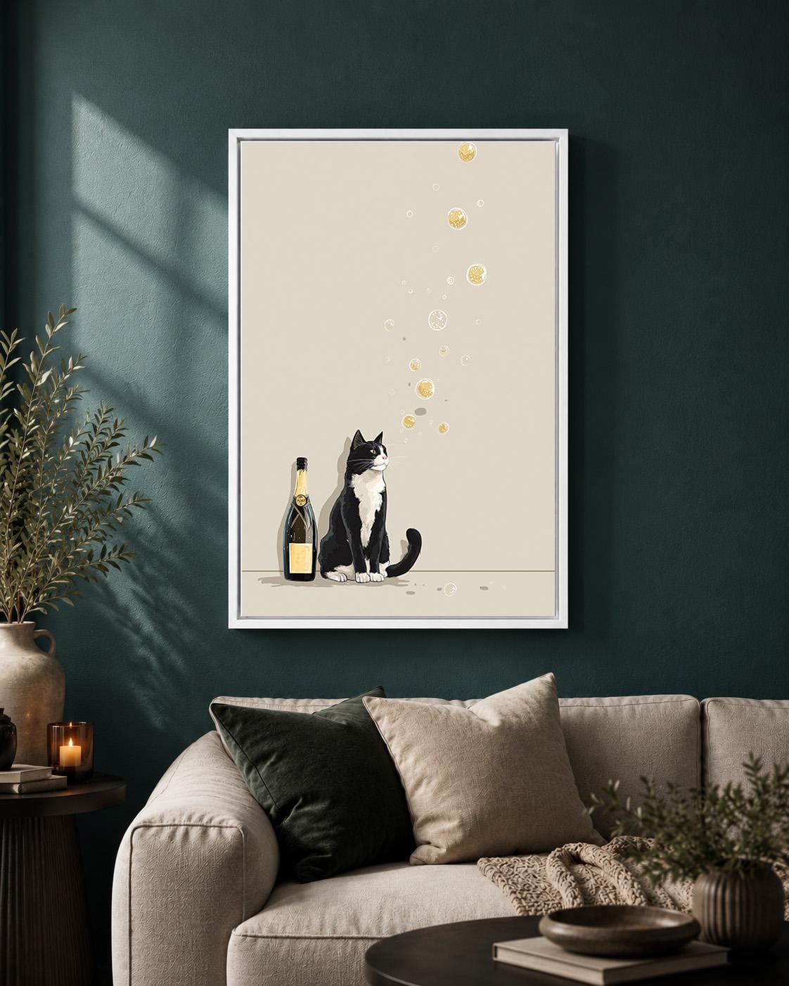 Minimalist Champagne Black & White Cat Framed Canvas by The Wall Art Studio