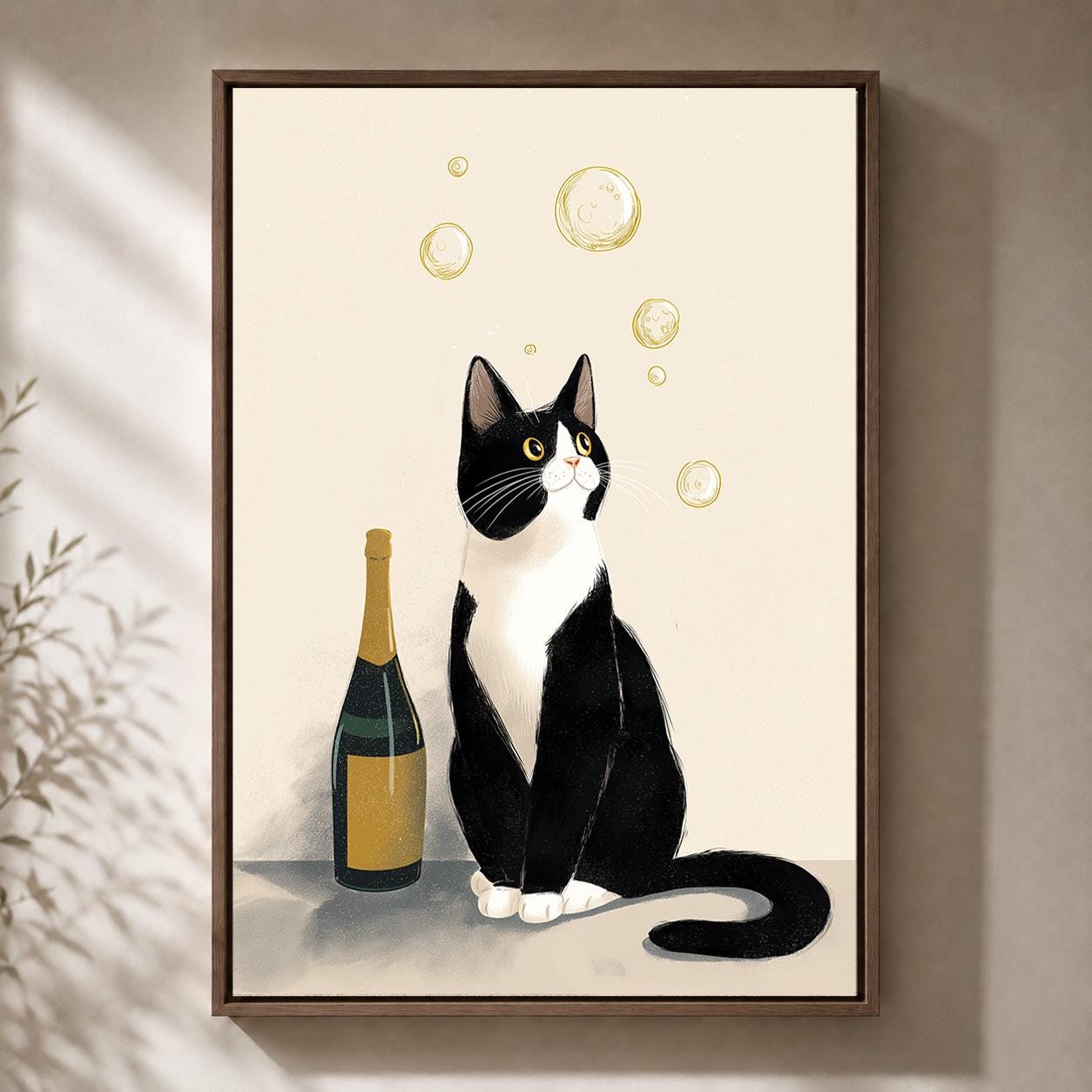 Tuxedo Cat with Champagne Framed Canvas by The Wall Art Studio