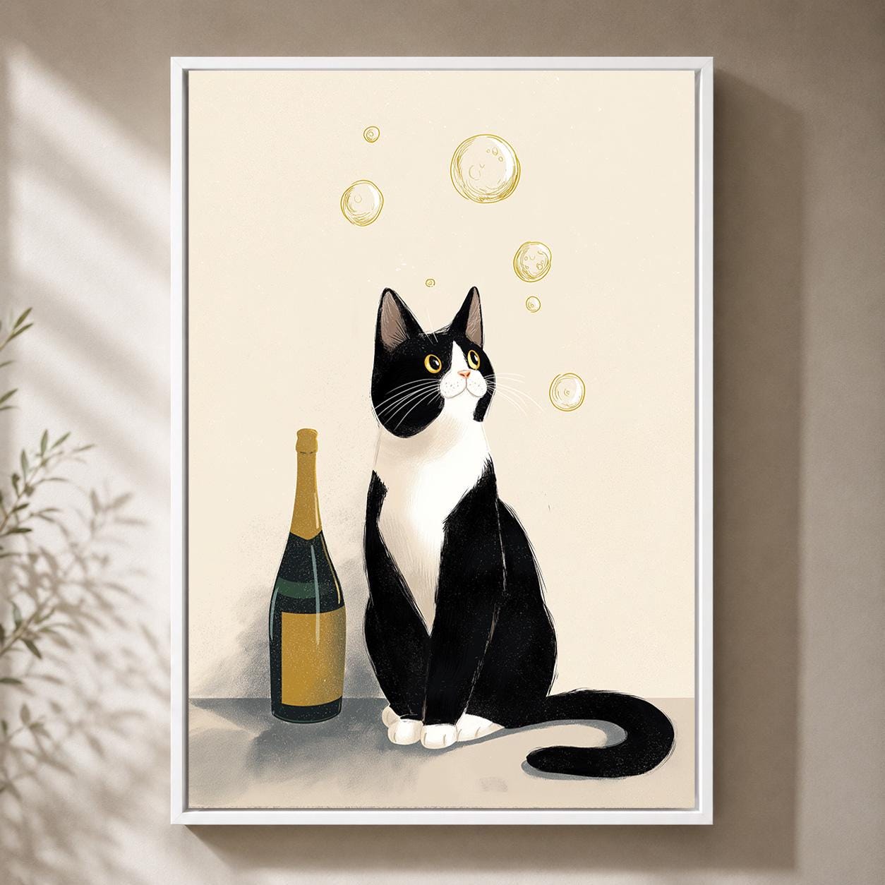 Tuxedo Cat with Champagne Framed Canvas by The Wall Art Studio