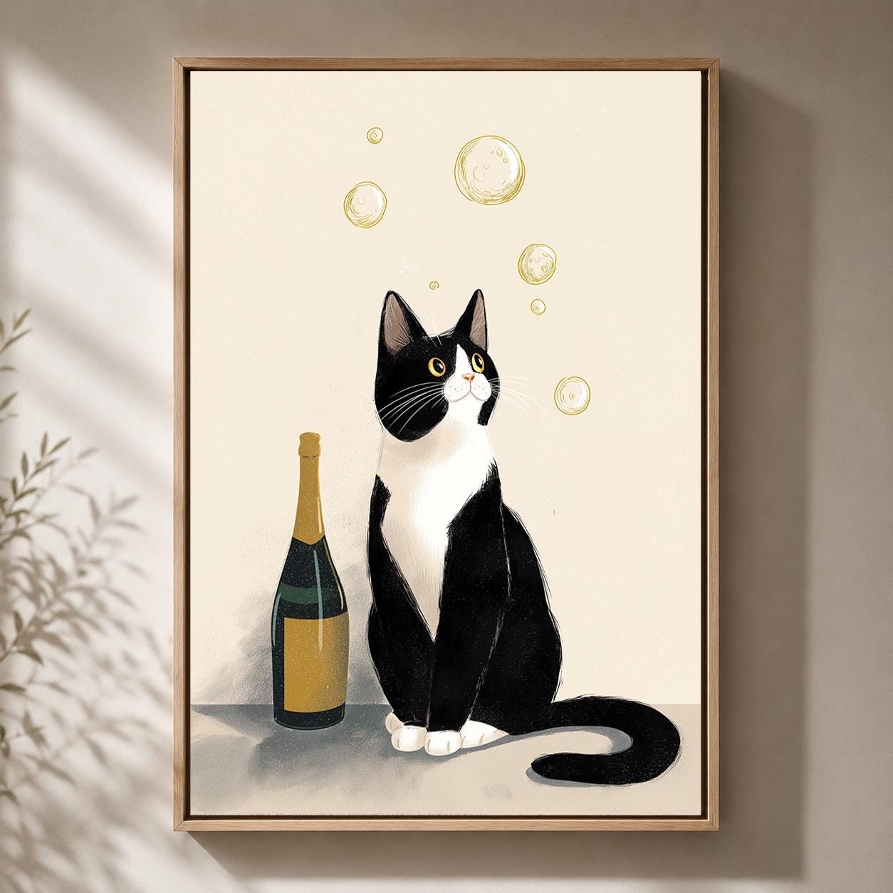 Tuxedo Cat with Champagne Framed Canvas by The Wall Art Studio