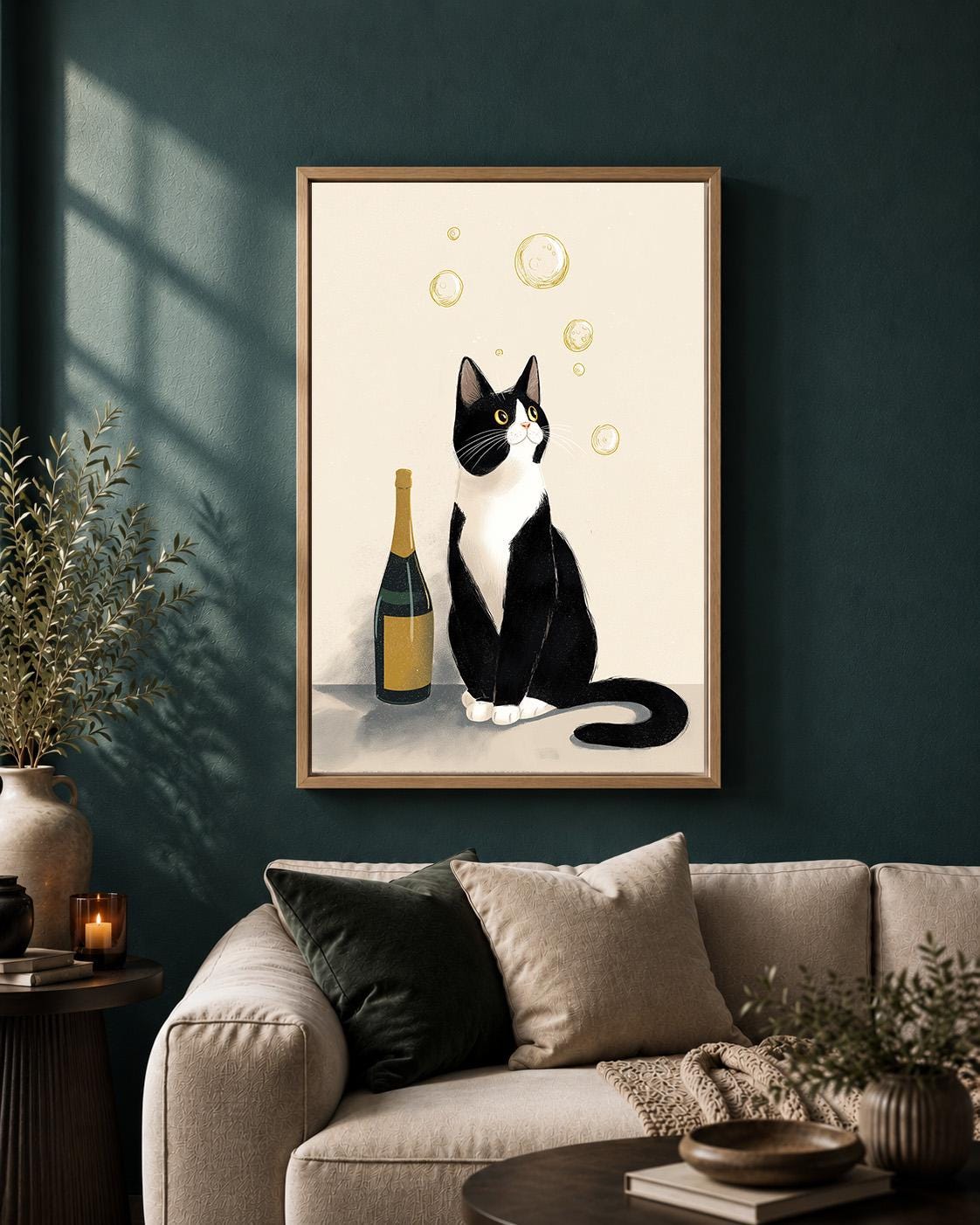 Tuxedo with Cat Champagne Bottle Framed Canvas by The Wall Art Studio