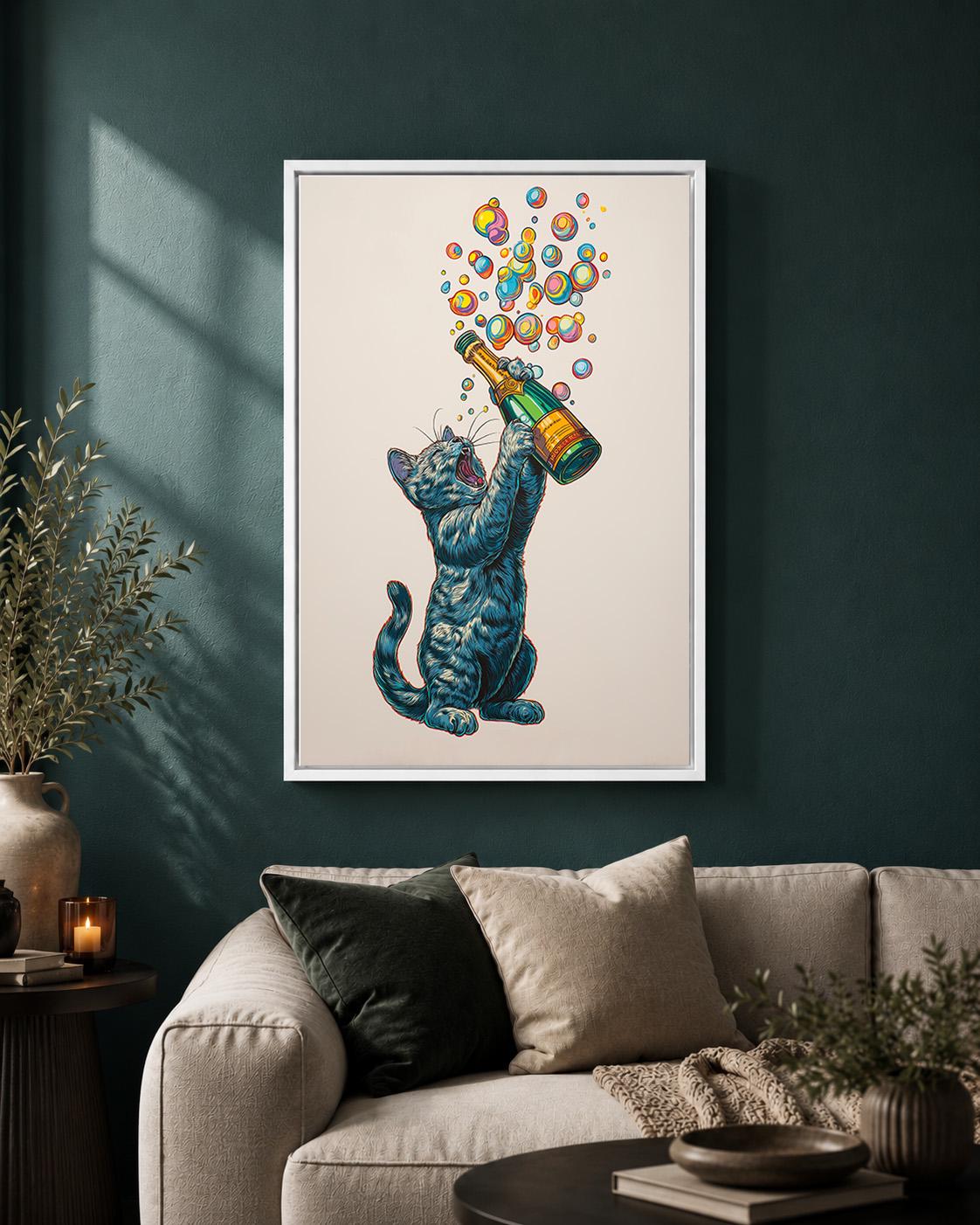 Funny Champagne Cat Framed Canvas by The Wall Art Studio