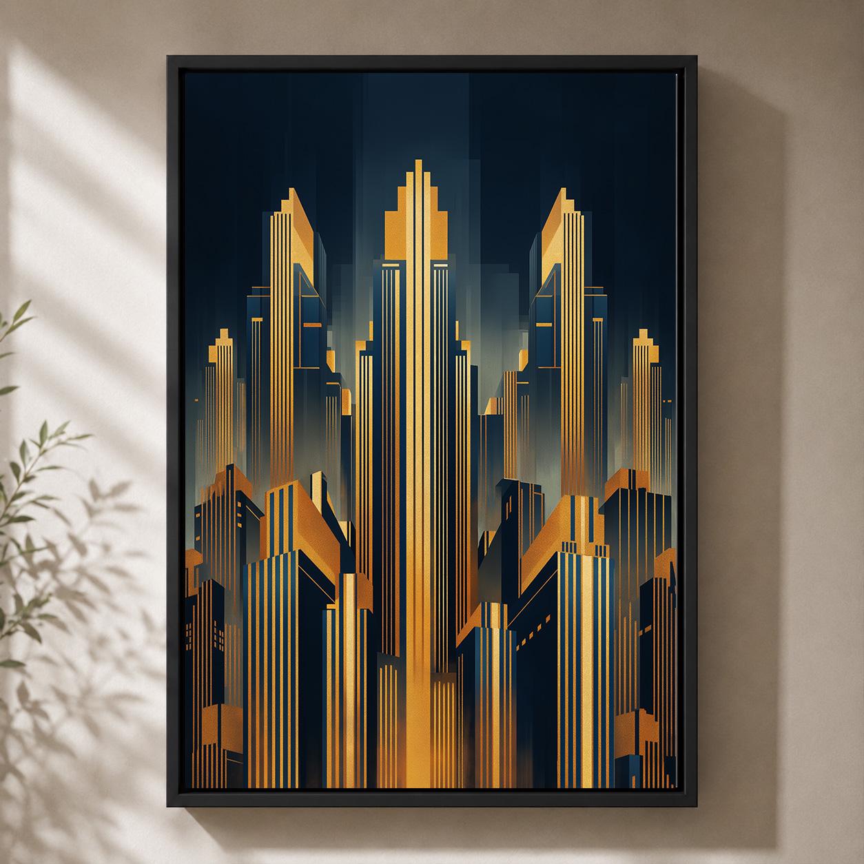 Art Deco Cityscape Gold Skyscraper Geometric Skyline Framed Canvas by The Wall Art Studio
