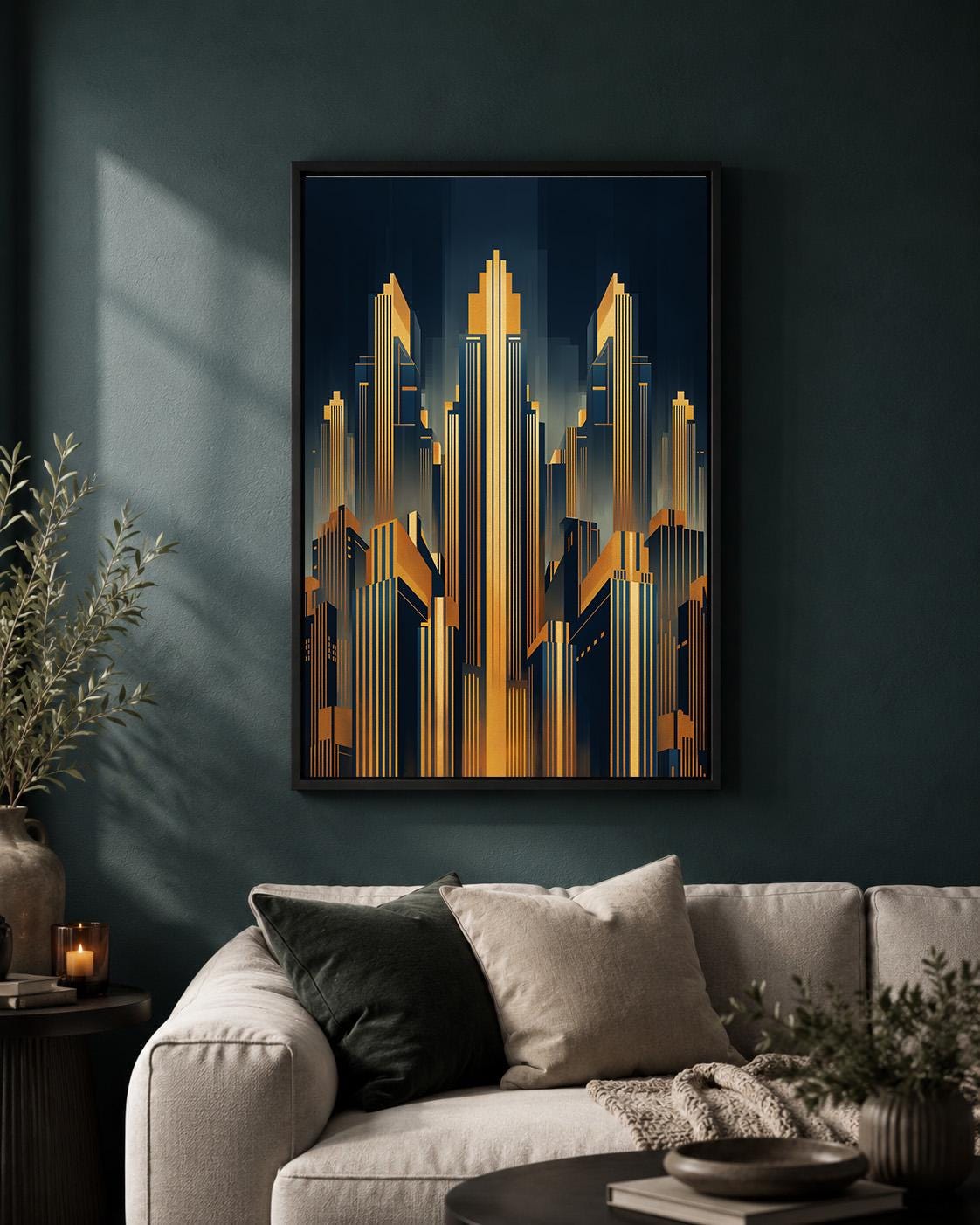 Art Deco Cityscape Gold Skyscraper Geometric Skyline Framed Canvas by The Wall Art Studio