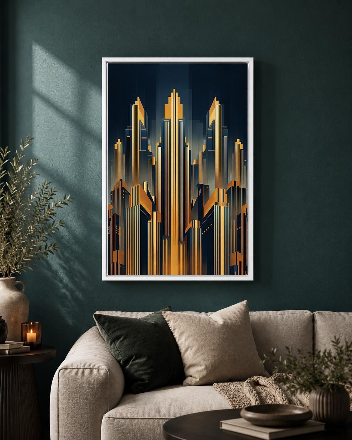 Art Deco Cityscape Gold Skyscraper Geometric Skyline Framed Canvas by The Wall Art Studio