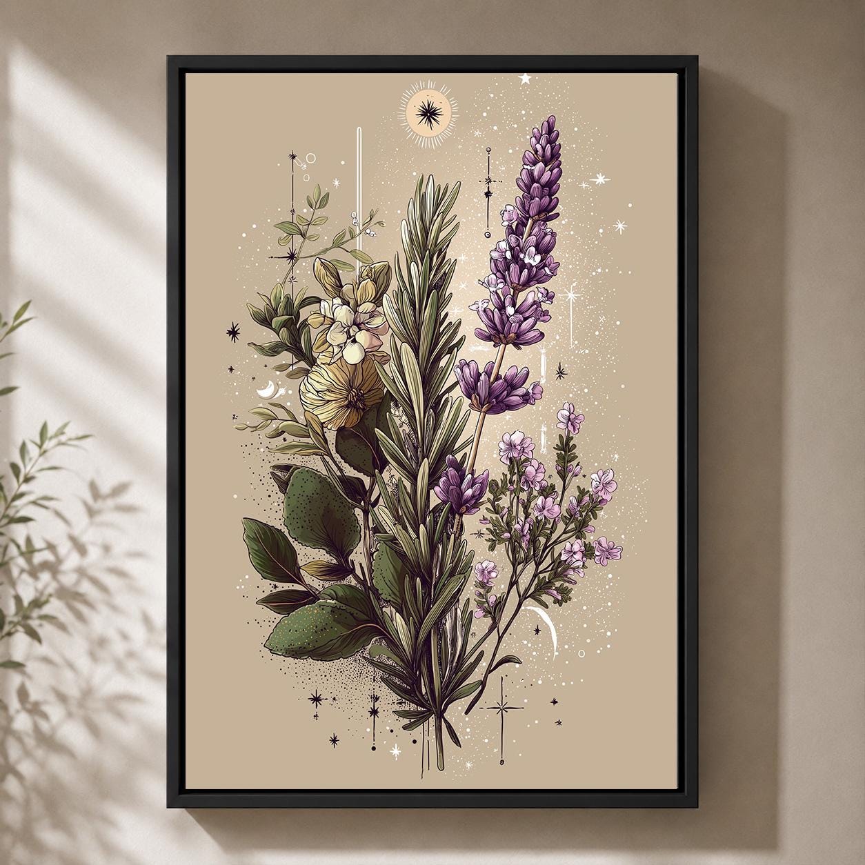 Celestial Botanical Mystic Herb Illustration Framed Canvas by The Wall Art Studio