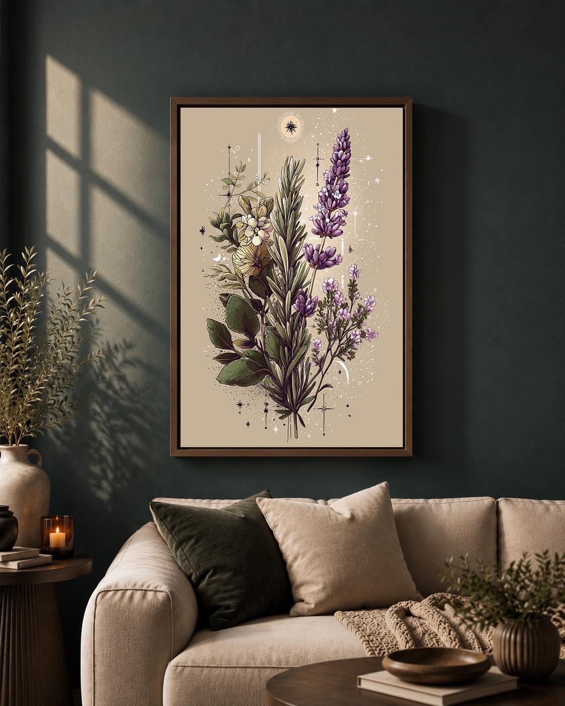 Celestial Botanical Mystic Herb Illustration Framed Canvas by The Wall Art Studio