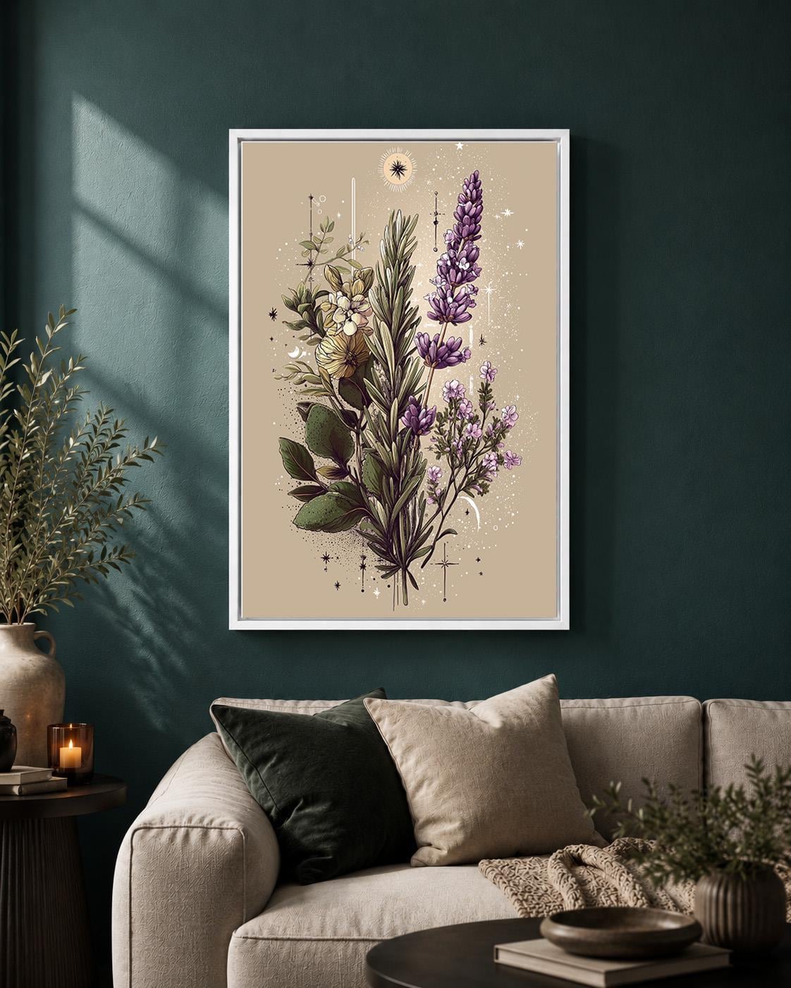 Celestial Botanical Mystic Herb Illustration Framed Canvas by The Wall Art Studio