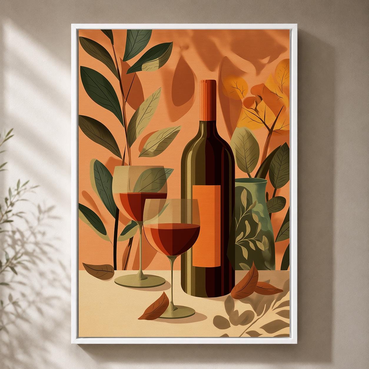 Autumn Wine Bottle Rustic Vineyard Floral Framed Canvas by The Wall Art Studio