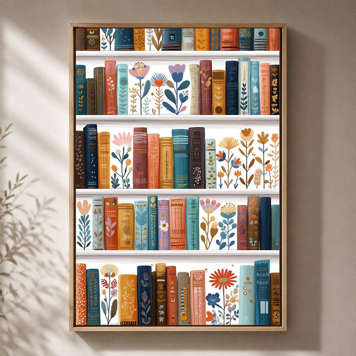 Floral Bookshelf Colorful Botanical Book Lover Reading Room Framed Canvas by The Wall Art Studio