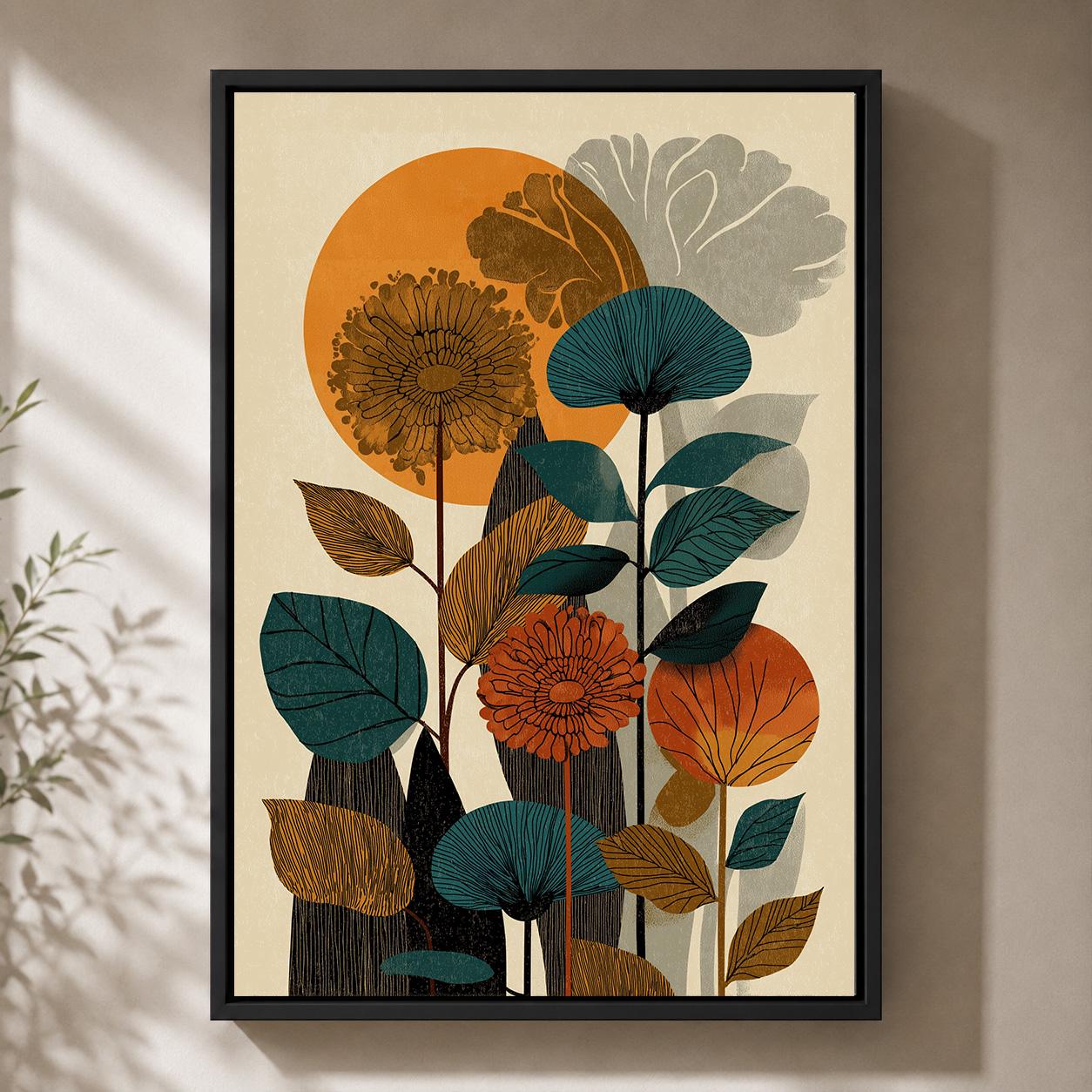 Mid Century Botanical Retro Floral Abstract Nature Framed Canvas by The Wall Art Studio