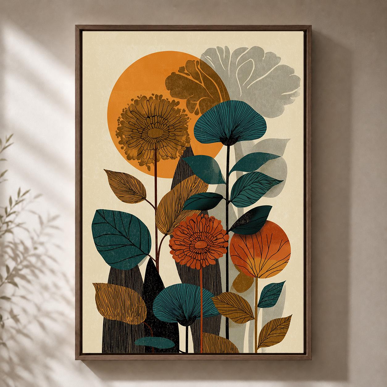 Mid Century Botanical Retro Floral Abstract Nature Framed Canvas by The Wall Art Studio