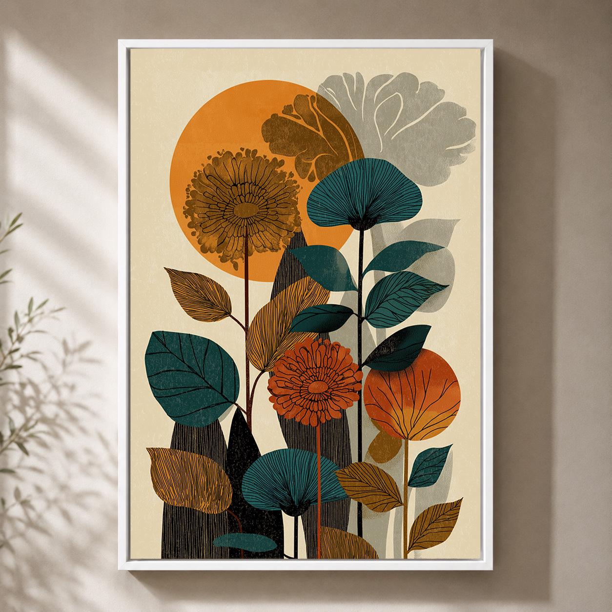 Mid Century Botanical Retro Floral Abstract Nature Framed Canvas by The Wall Art Studio