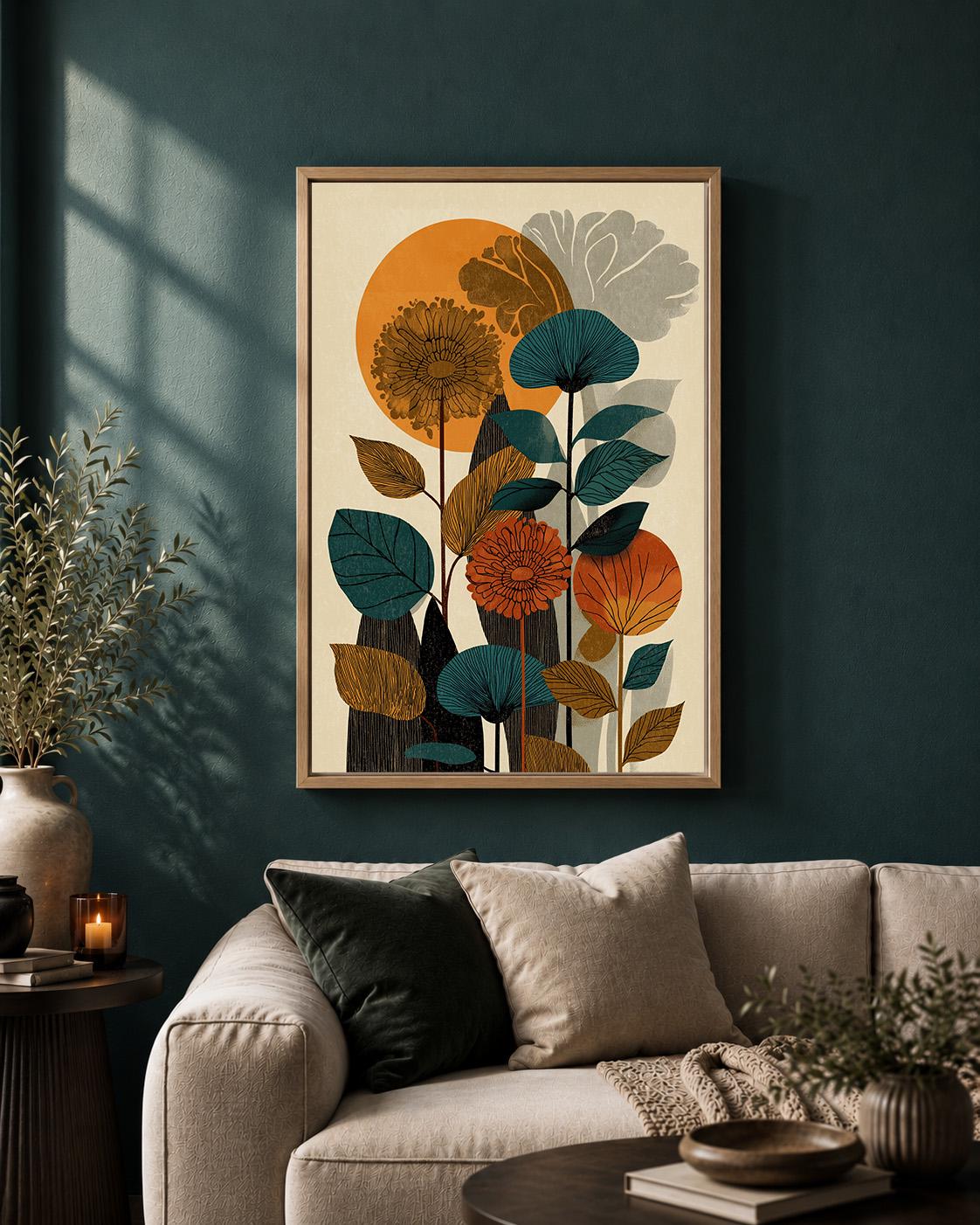 Mid Century Botanical Retro Floral Abstract Nature Framed Canvas by The Wall Art Studio