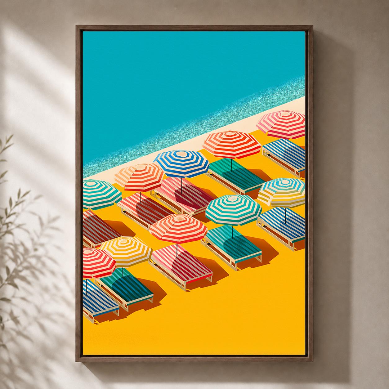 Colorful Beach Striped Umbrellas Summer Coastal Framed Canvas by The Wall Art Studio