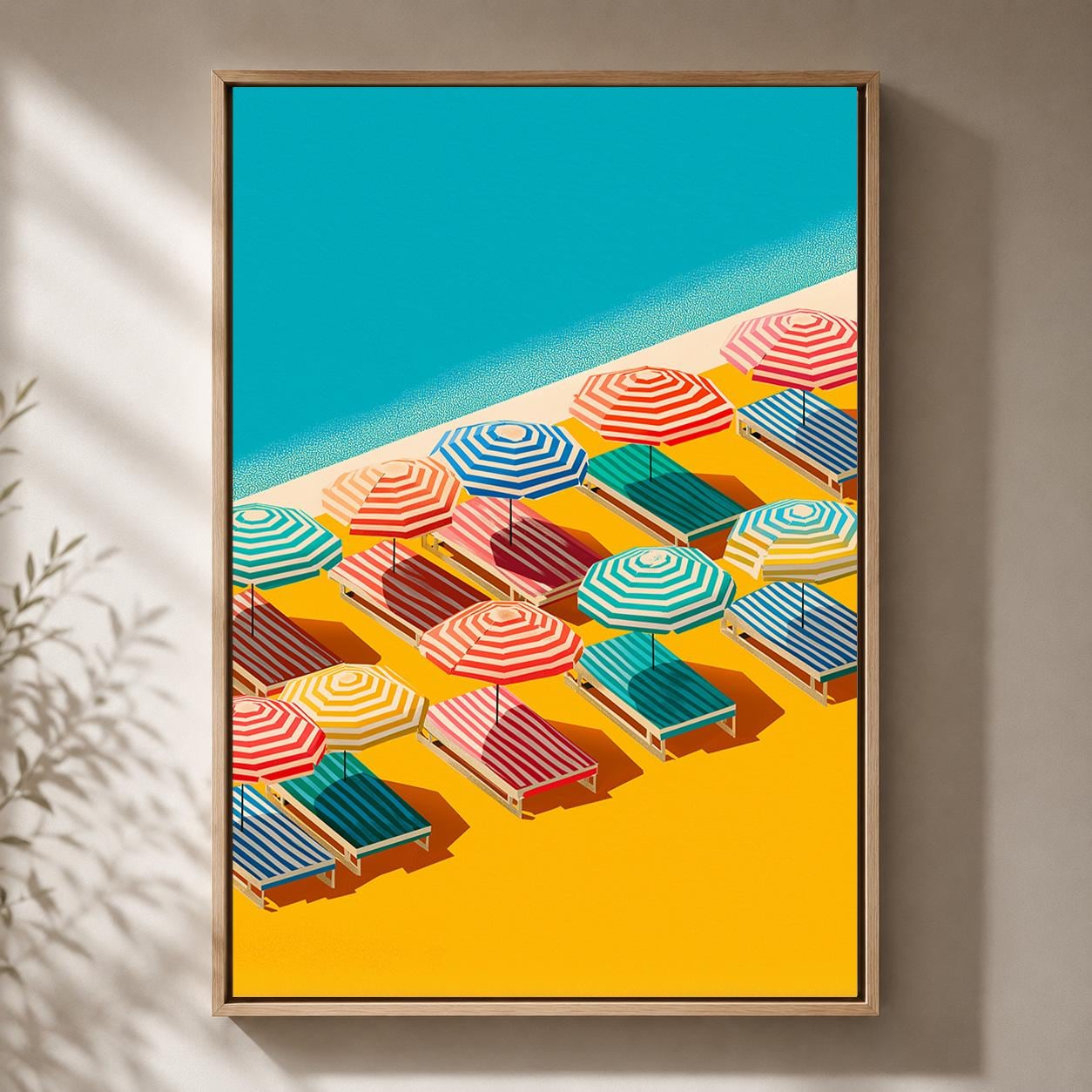 Colorful Beach Striped Umbrellas Summer Coastal Framed Canvas by The Wall Art Studio