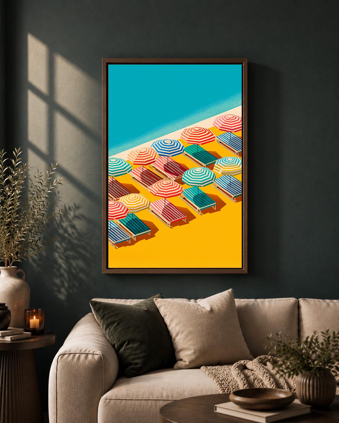 Colorful Beach Striped Umbrellas Summer Coastal Framed Canvas by The Wall Art Studio