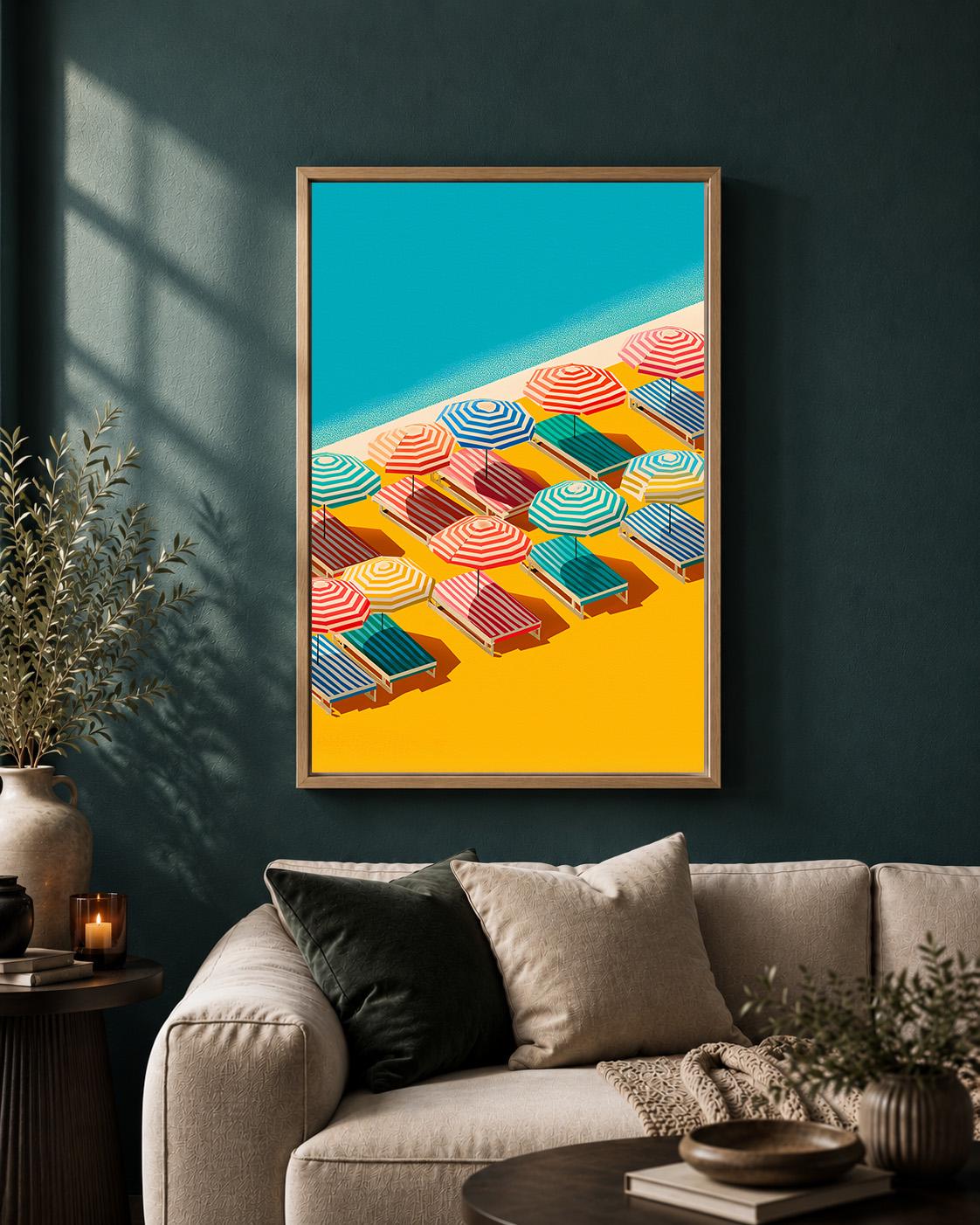 Colorful Beach Striped Umbrellas Summer Coastal Framed Canvas by The Wall Art Studio