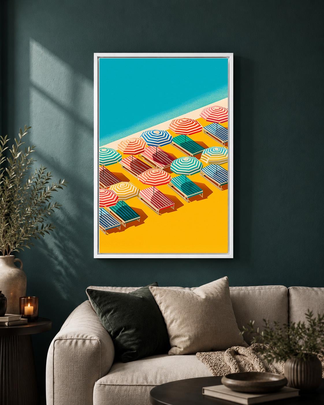 Colorful Beach Striped Umbrellas Summer Coastal Framed Canvas by The Wall Art Studio