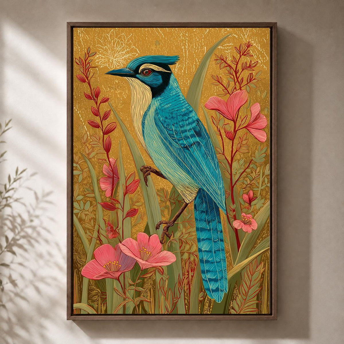 British Jay Blue Bird Vintage Botanical Floral Wildlife Framed Canvas by The Wall Art Studio