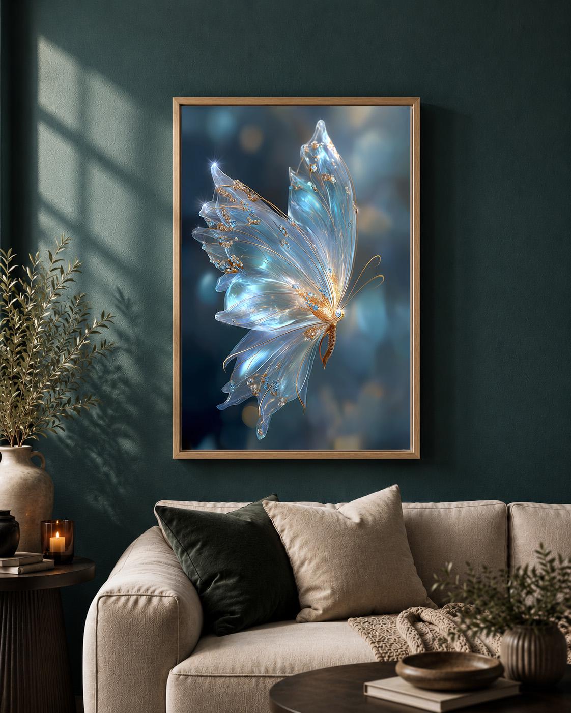 Blue Glass Butterfly Ethereal Nature Wall Art by The Wall Art Studio