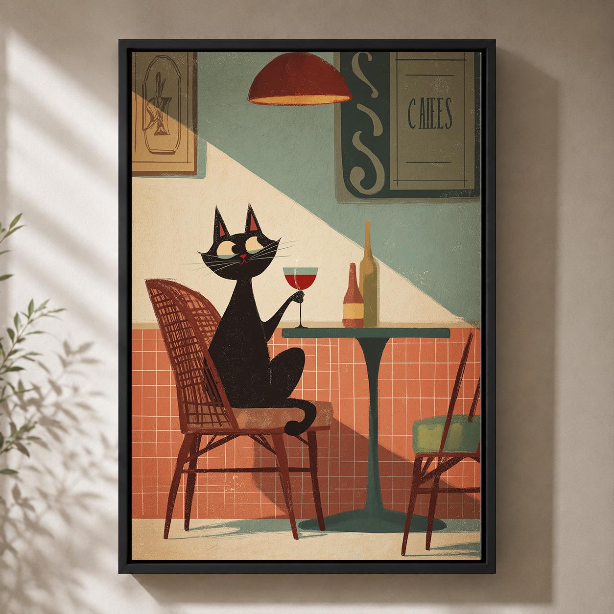 Black Cat Café Wine Lover Mid Century Framed Canvas by The Wall Art Studio
